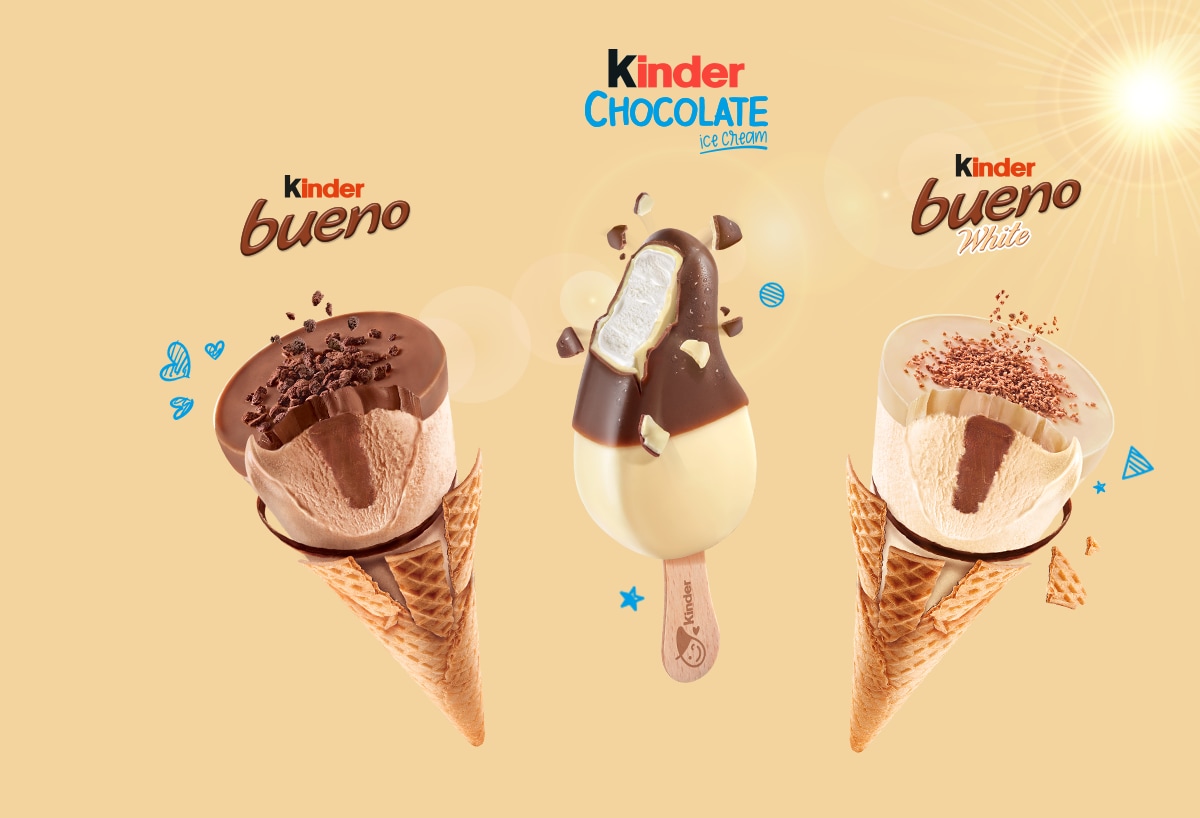 trois glaces Kinder : bueno, bueno white, chocolat