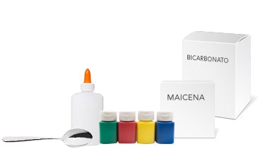 Materiales de trabajo: 2 cucharadas de pegamento blanco, 1 cucharada de maicena, 1 cucharada de bicarbonato, 1/2 taza de agua tibia y Colorante de alimentos.